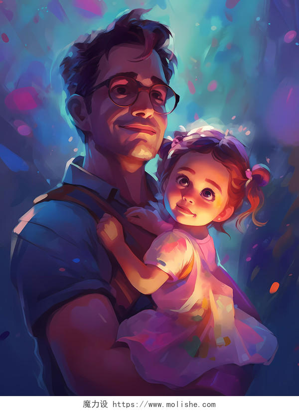 父亲节赛博朋克风格温馨父亲抱着女儿的场景